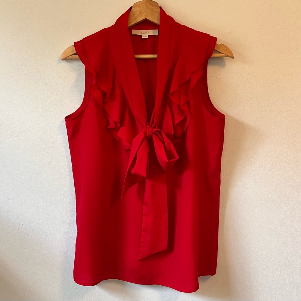 Ann Taylor LOFT Red Ruffle Tie Front Sleeveless Blouse, Size M - Picture 8 of 9